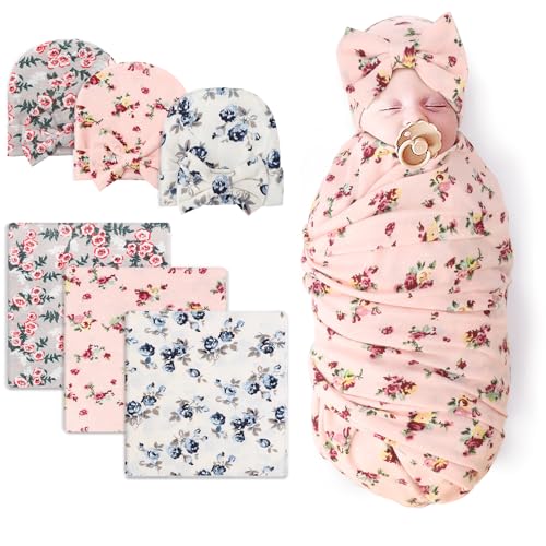 DRESHOW BQUBO Newborn Floral Receiving Blankets Newborn Baby Swaddling Hats Sleepsack Toddler Warm Shower Gift 3 Pack