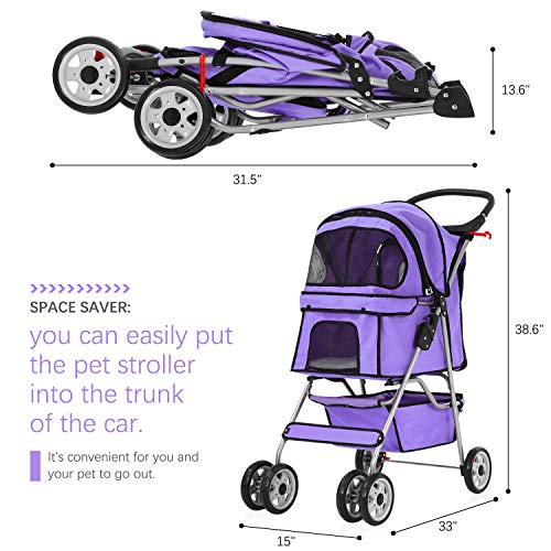 MeetPerfect 4 Wheels Travel Stroller Pet Stroller Dog Cat Pushchair Trolley Puppy Jogger Folding Carrier Carriage with… - Image 3