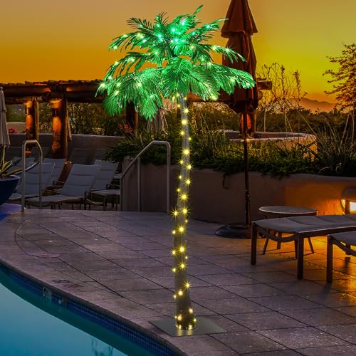 LIGHTSHARE 7FT Lighted Palm Tree, Green LED Artificial Tree for Patio, Poolside, Tropical Summer Décor, Indoor Outdoor Use