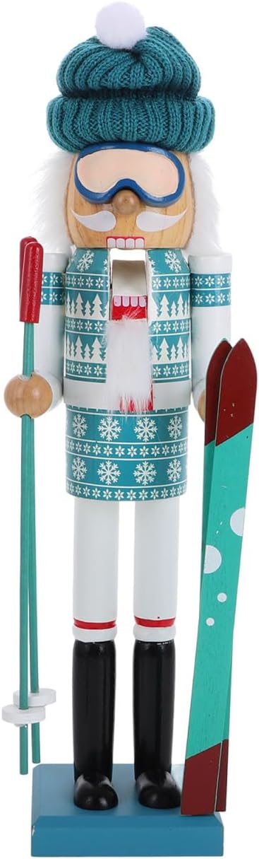 Unomor Wooden Santa Puppet Christmas Decoration Hand Painted Tabletop Figurine Red Skiing Nutcracker for Holiday Home Decor