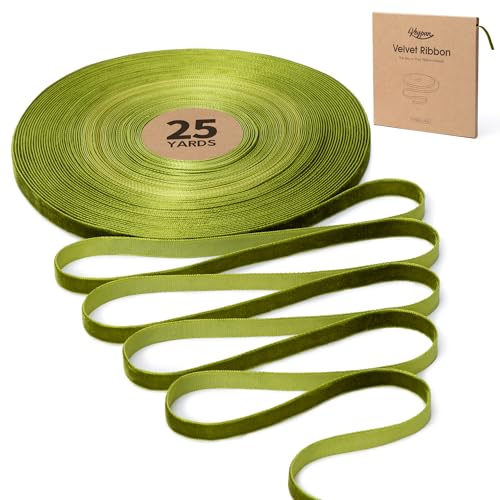 Keypan Green Velvet Ribbon for Christmas Tree 3/8 Inch Handmade Vintage Thin Ribbons for Wrapping Gift Wreath Decoration Ornaments Bow Making Home Decor 25 Yd