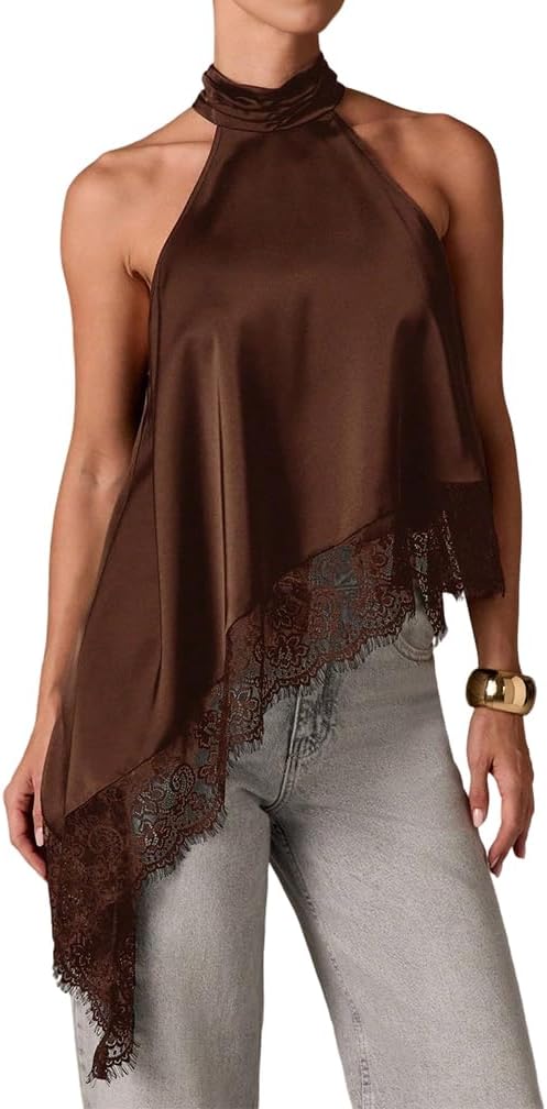 Women Y2k Satin Sleeveless Mock Neck Lace Trim Tank Top Elegant Backless Asymmetric Hem Going Out Halter Tops