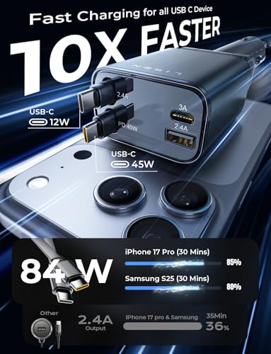 Image of LISEN Retractable Car Charger, Duanl C Retractable Car Chagrer 84W Car Charger USB C Fast Charger Adapter, Car Accessories for Men Women, for iPhone 17 16 15 14 13 12 Pro Max, Grey