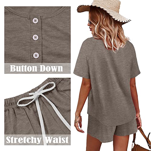 WIHOLL Two Piece Outfits for Women Lounge Sets Button Down Top and Shorts Set Sweatsuits with Pockets4