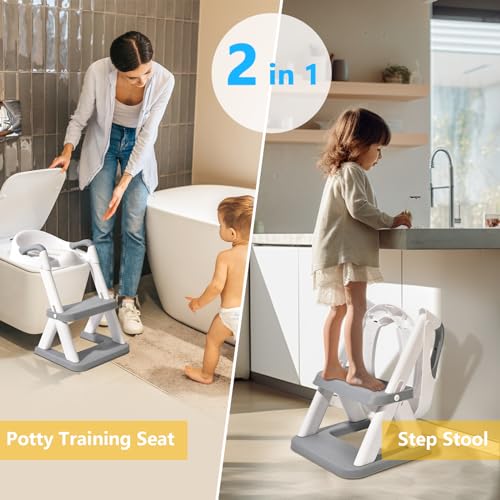 SKYROKU 8868 Potty Training Seat with Step Stool - Adjustable Height, Non-Slip, Splash-Proof, Foldable 2-in-1 Toddler Potty Seat with Armrests and Replaceable Cushion - Fits Most Toilets (Grey)