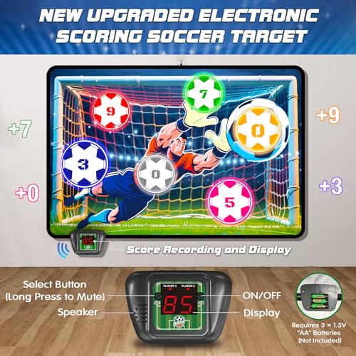 Image of VATOS Electronic Scoring Soccer Toy Game Set for Kids, Indoor Outdoor Soccer Training Target with Real-Time Scoring, 2 Modes, Fabric Goal and 2 Soft Balls, Fun Sport Birthday Ages 3+