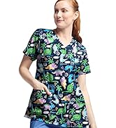 Happy Scrubs Stretch Women's Dinosaurs in Blue Print Scrub Top (XS-3X) – 5 Pocket V-Neck Medical ...