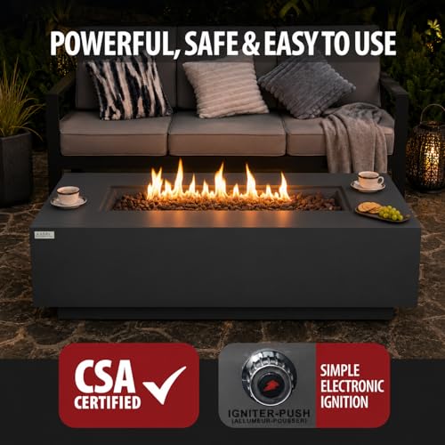 Image of AMS Creations | Madison 60 inch Rectangular Propane Gas Outdoor Fire Pit Table | Dark Gray Concrete GFRC | Smooth Texture or Surface | Electronic Ignition | Outside Backyard Fireplace