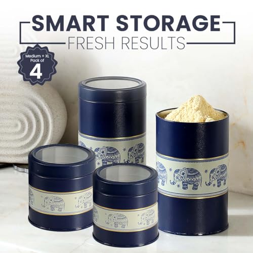 Image of Mandala Collection Airtight Kitchen Container Set| 450ML+1100ML- Set of 4| Food Grade Metal Jars for Spices, Cookies & Dry Food | Vacuum Lid, Rust Resistant| Blue Elephant Canisters