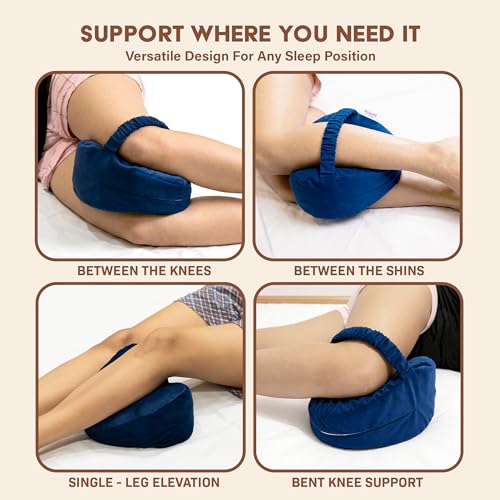 Image of Knee Pillow with Strap + Zip Cover - 9X9 Inch (2 Year Warranty) - Orthopedic Memory Foam for Side Sleepers | Premium Leg Cushion for Sciatica Pain Relief, Hip, Pregnancy & Knee Joint Support