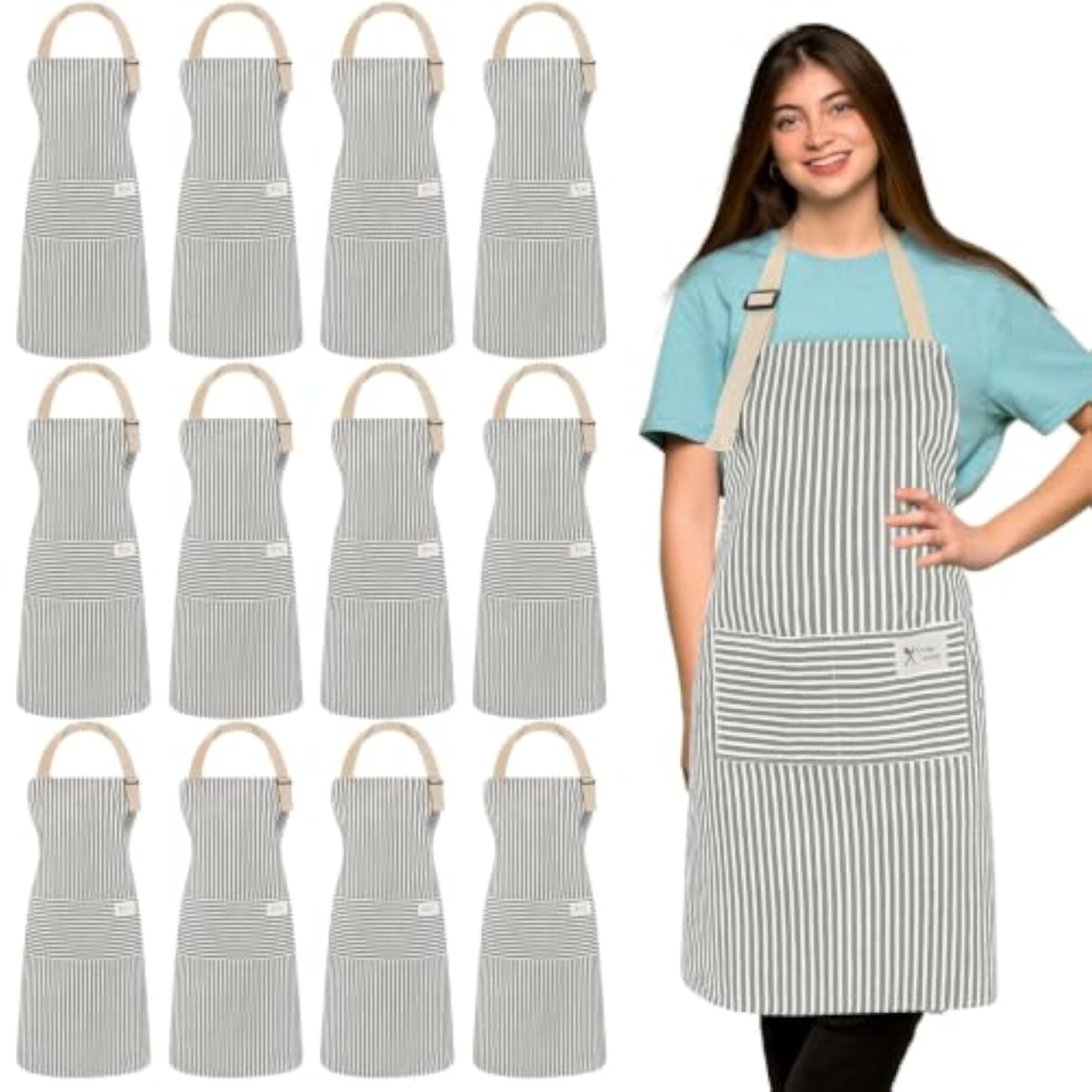 12 Pcs Adjustable Striped Aprons with Pockets