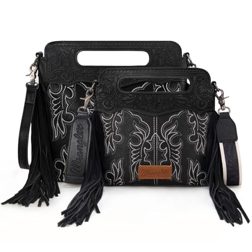 Image of Wrangler Western Handbag for Women Crossbody Bag Top Handle Shoulder Bag Embossed Cowgirl Fringe Purse