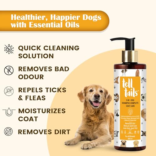 Image of Tell Tails 5-in-1 Organic Dog Shampoo - Pack of 2 (500ml) - Flea, Tick & Odor Removal - Moisturizes, Heals & Shine - Anti-fungal & Anti-bacterial - Citronella, Ginger, Bhringraj & Amla -For All Breeds