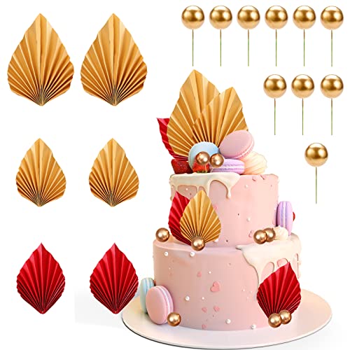 Lot de 16 décorations de gâteau en forme d'éventail en papier - 6 feuilles de palmier - Décoration de gâteau bohème pour anniversaire, fête de mariage Cover
