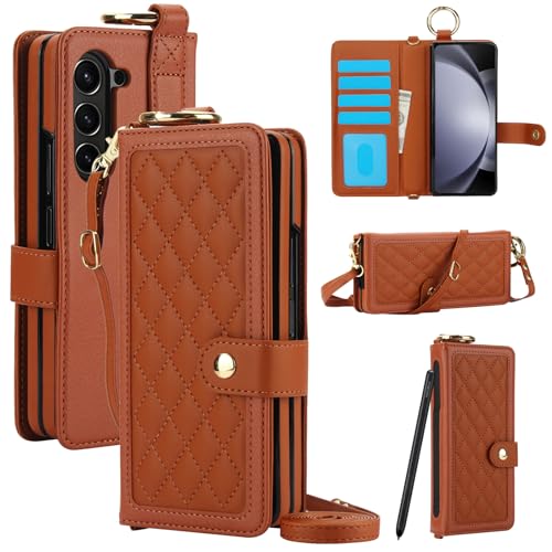Étui portefeuille Galaxy Z Fold 7 marron en cuir avec fermeture magnétique