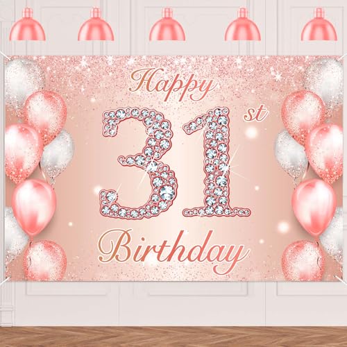 Image of Happy 31st Birthday Rose Gold Banner Cheers to 31 Years Old Backdrop Confetti Balloons Theme Decor for Women 31 Years Old Pink Birthday Party Decorations Bday Supplies Background Favors Gift Glitter