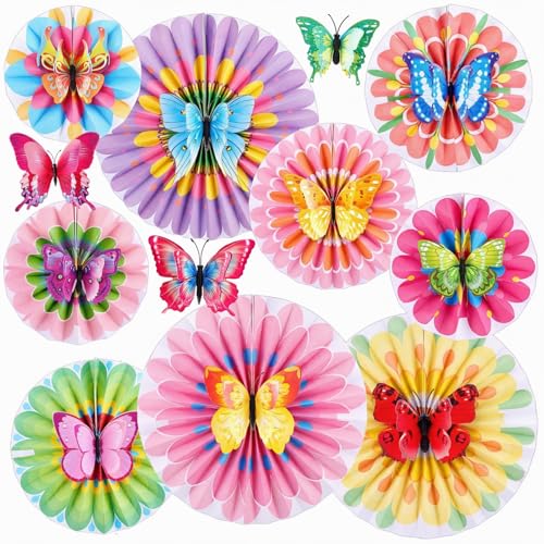 Image of Affrolling 21 Pcs Butterfly Flower Paper Fan, Butterfly Birthday Decorations, Colorful Party Decoration for Garden, for Wall Hanging Flower Decor Birthday Garland Backdrop for Tea Party