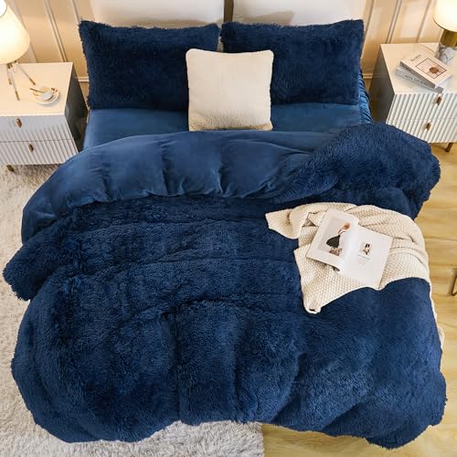Andency Fluffy Navy Blue Comforter Set Full Size, 3 Pieces Winter Faux Fur Warm Soft Fuzzy Plush Bedding Comforter Set (1 Velvet Comforter & 2 Pillowcases), Thick Heavy Comfy Comforters Bedding Set