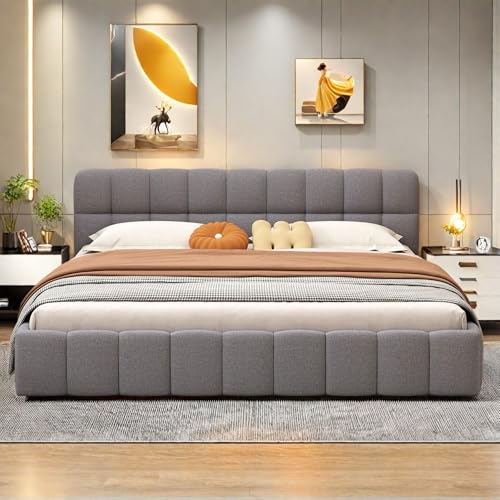 Polsterbett Bubble Bett 160x200 cm, Doppelbett mit Kopfteil, Jugendbett Bettgestell mit Lattenrost und Rückenlehne, Bodenbett Rückenlehne Bett, Flachbett Gästebett, Ohne Matratze, Leinen, Grau – Bild 6