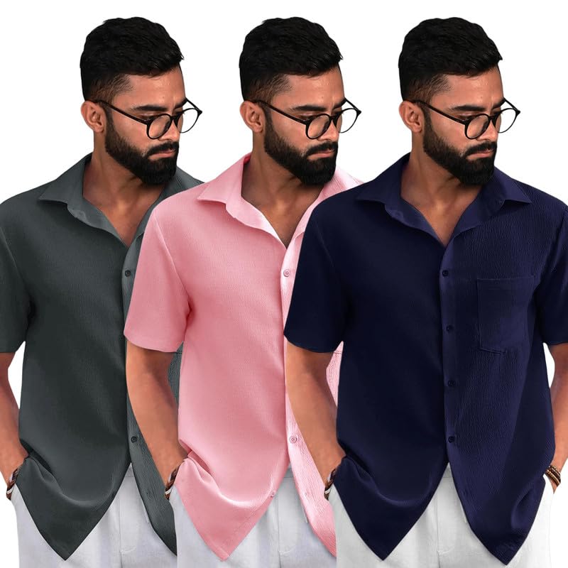 Image of Tee Projekt Solid Shirt for Men's ||Pop corn Shirt|| Solid Shirt for Men's|| Casual Shirt for Men||Half Sleeve Spread Collar Shirt for Men|| Pack of-3