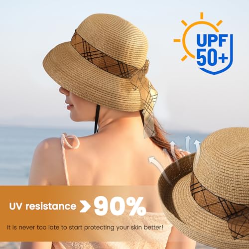 Chapéus de palha de sol de praia para mulheres, FPS 50+ proteção solar UV, aba larga, chapéu de palh