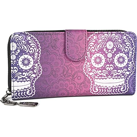styleBREAKER Billetera de Mujer con Estampado de Calavera de azúcar, Cremallera y botón a presión, Monedero 02040150, Color:Violeta-Blanco Cover