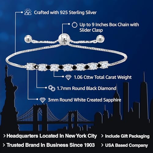 Gem Stone King 925 Sterling Silver White Created Sapphire and Black Diamond Tennis Bracelet for Women | 1.06 Cttw | Round 3MM and 1.7MM | Adjustable Bolo Bracelet For Women | Easy-On Easy-Off2