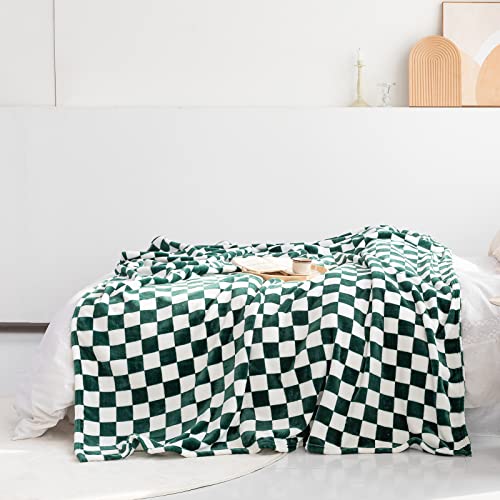 LOMAO Throw Blankets Flannel Blanket with Checkerboard Grid Pattern Soft Throw Blanket for Couch, Bed, Sofa Luxurious Warm and Cozy for All Seasons (Green, 50"x60")