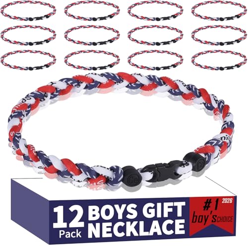 Dixlp 12 Pack Baseball Necklaces for Boys & Youth - 18 Inch Braided Titanium Sports Rope Necklace - Design for Team Party Favors End of Season Gifts & Goodie Bags (Navy stitch-Red-White 18 inch)