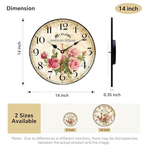 Image of 14in Vintage Pink Rose Wooden Wall Clock Decorative for Kitchen Home Decor | Home Silent Non-Ticking Quartz Movement Round Battery Operated Indoor French Floral Clock