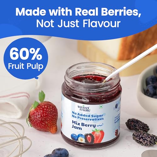 Image of Sweetmate Mix Berry Jam - 220g | No Added Sugar | 100% Pure Fruit Pulp & Healthy Fiber | No Preservatives, Colors & Artificial Flavors | Diabetic & Keto Friendly Jam (Pack of 3)