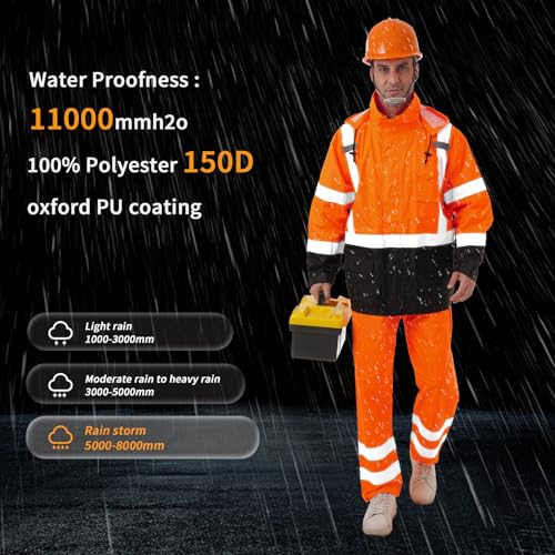 Image of Hi Vis Safety rain Jacket,Reflective Class 3 Rain coat with Inner Mesh Lining and Pockets High Visibility Waterproof work Rain Suits for men&women(Tangerine,4XL /5XL)