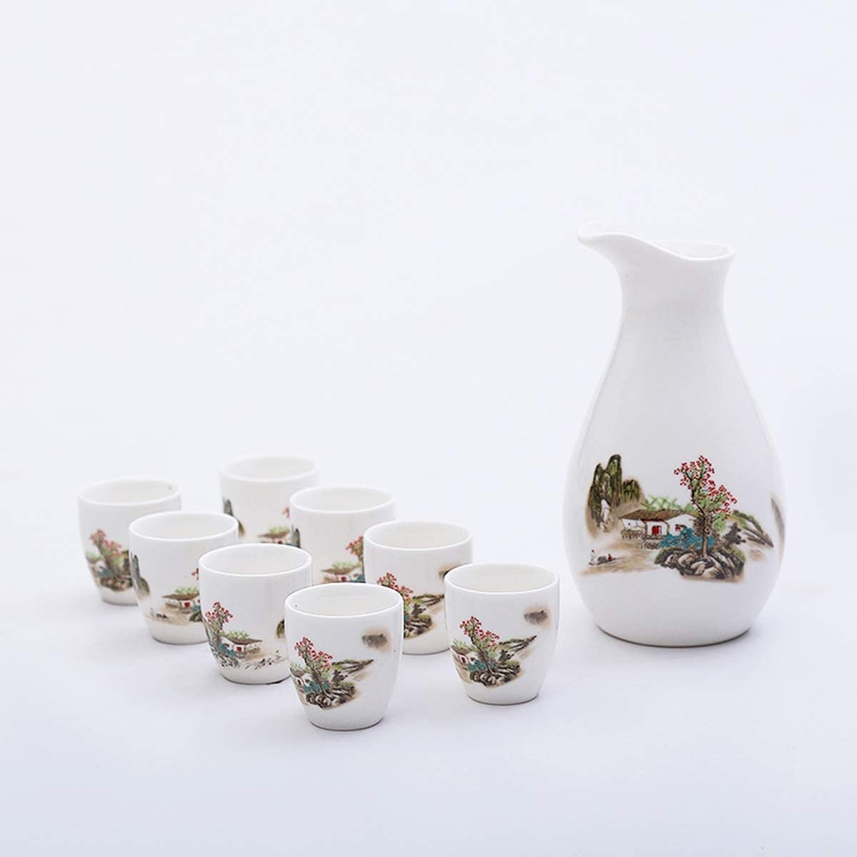 Il Set di sakè Giapponese Include 1 Bottiglia di sakè e 8 Tazze di sakè. Set di sakè in Ceramica da 9 Pezzi.