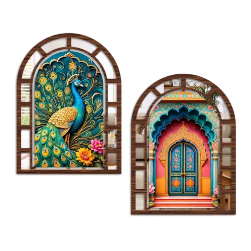 Image of Artvibes Royal Arch Theme Decorative Wall Accent |Jharokha Mirror | Wall Hanging Decor for Living Room, Bedroom, Hall, Dining Room, Foyer, Office & Entryway | Gift (WH 12023N), Set of 2