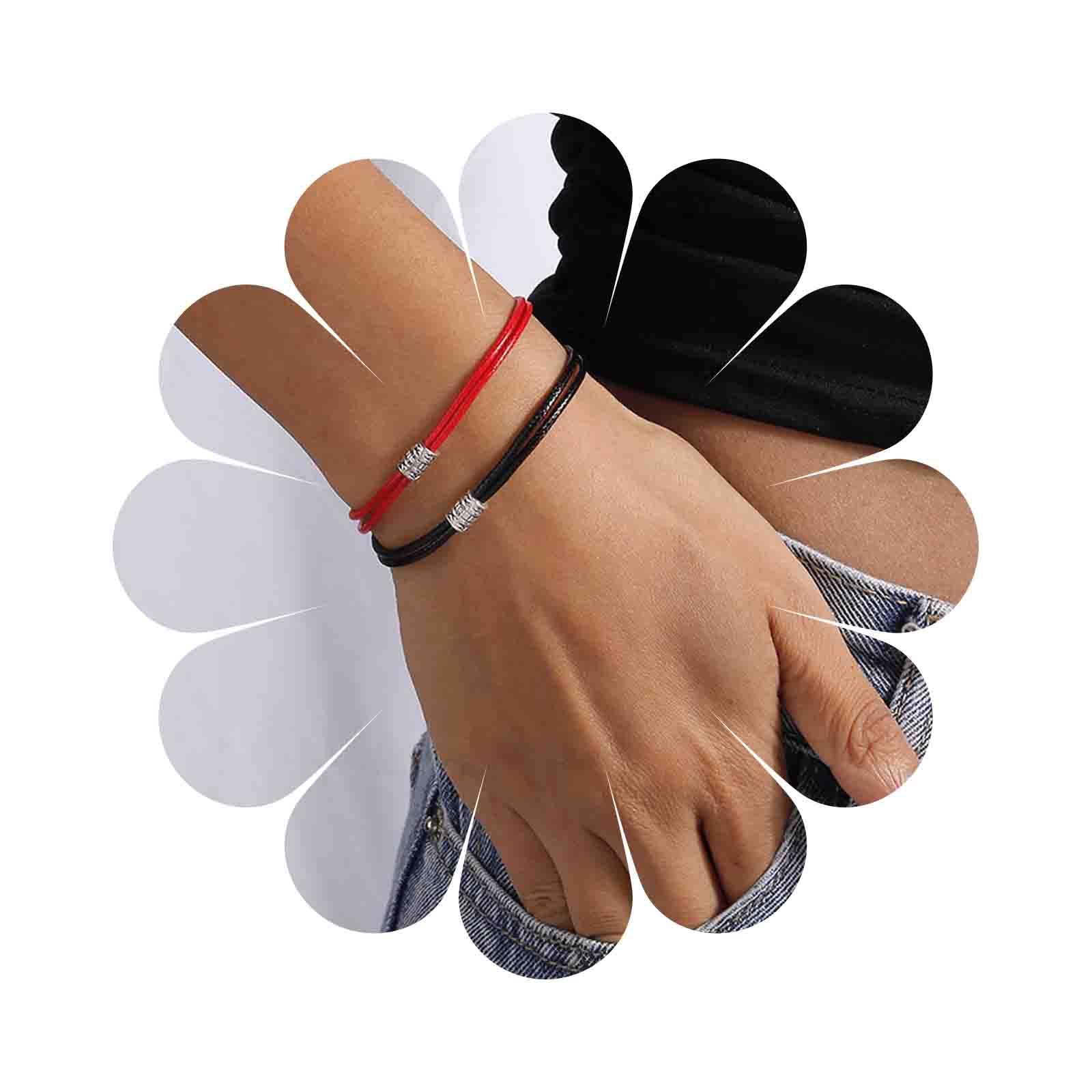 DerviveaVintage Pulsera De Cuero Trenzado Rojo Negro Pulsera De Cuerda De Cuero Doble Pulsera Ajustable Negro Trenzado Pulsera De Joyería Para Mujeres Y Niñas 2pcs