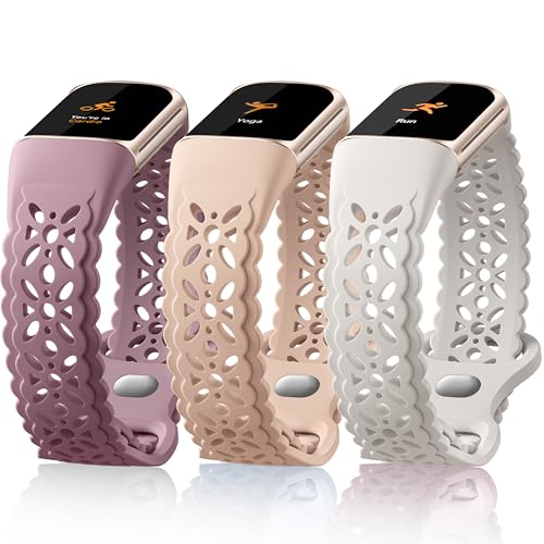 Epova Silicone Straps Compatible with Fitbit Charge 6 Strap - 3 Pack Floral Lace Soft Breathable Waterproof Adjustable Sport Replacement Wristband for Fitbit Charge 5 Strap for Women