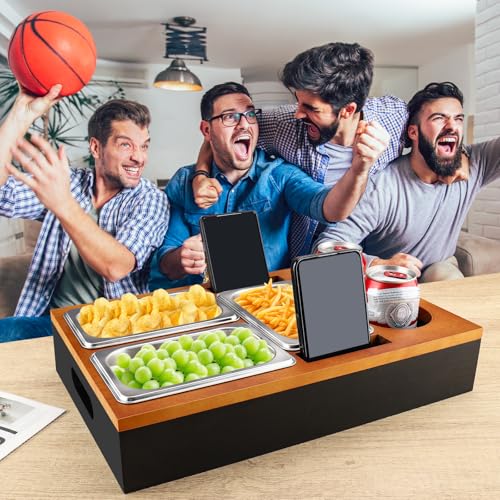 Foydream Couchbar Snackbox, Sofa Tablett Holz mit 3 Snackschalen, 2 Getränkehalter and Handyhalterung, Couch Bar Snackbar für Wohnzimmer Schlafzimmer Garten Camping, Schwarz