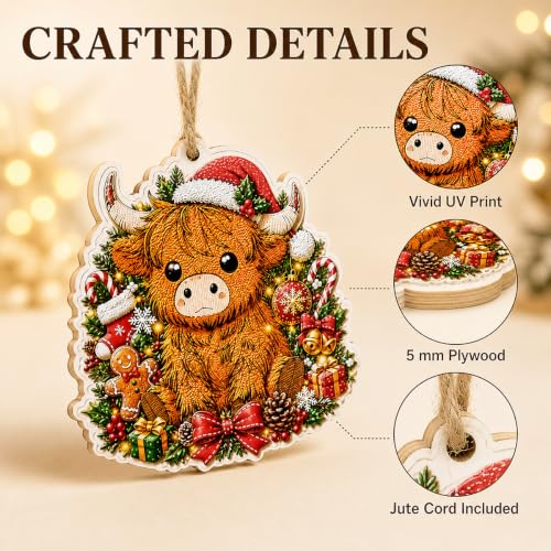 Image of Highland Cow Christmas Ornament, Wooden Tree Decor, 3.94 Inch