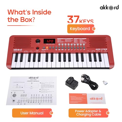 Image of Akkord 37 Keys Music Keyboard - Red Edition | MIDI USB-C, Touch Response, 200 Rhythms, Tones & 40 Demos, LED Display, Portable Beginner Piano Compatible with GarageBand.