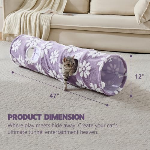Image of Straight Cat Tunnel for Indoor Cats 47 inchx12 inch, Cute Cat Toys Collapsible Tunnel Tube with Balls for Puppy Kitten Rabbit, Purple Flower