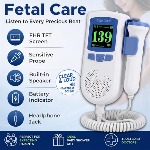 Image of Dr. Odin OAD51B Fetal Doppler with Ultrasound Gel, Built-in Speaker, Noise Reduction - Heartbeat Detection Device for Listening to Baby's Heartbeat at Home (White & Blue)