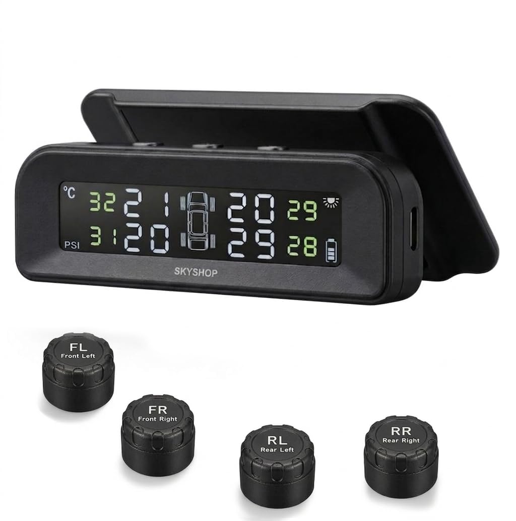 Skyshop® C260 Solar Powered TPMS with Smart Voice Alert | External Wireless Tyre Pressure Monitoring System | Real-Time Precision Sensors for All Cars, Bikes & Scooters