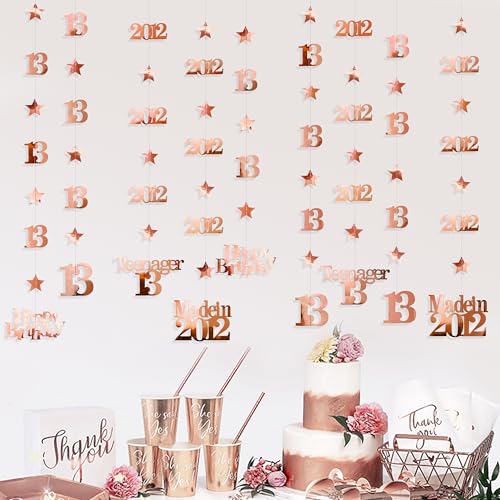 Image of 12PCS Rose Gold 13th Birthday Decorations Number 13 and 2012 Star Garland Streamer Banner Backdrop for Girls Cheers to 13 Years Birthday Vintage Made in 2012 Official Teenager Party Decor Supplies
