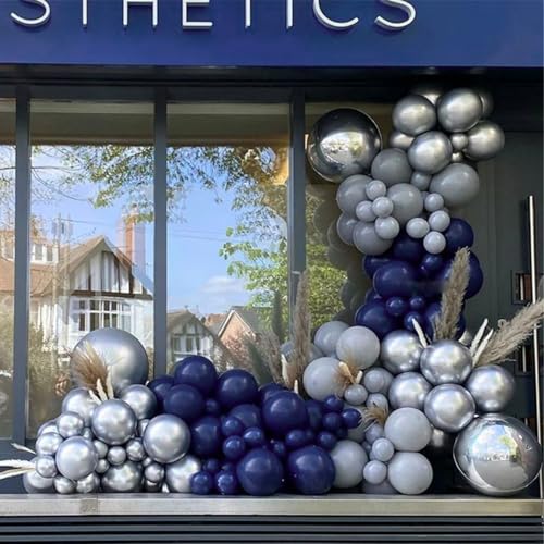 Image of PartyWoo Blue and Silver Balloons, 140 pcs Navy Blue and Silver Balloons Different Sizes Pack of 18 Inch 12 Inch 10 Inch 5 Inch for Balloon Garland or Arch as Birthday Decorations, Party Decorations