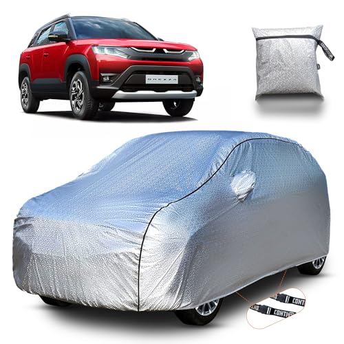 Image of Continental [SilverGuard] Dual Belts Extra Protection Maruti Brezza Car Cover (2022-2026) Build with Triple Stitched,Waterproof & Dustproof Car Cover for Brezza (Metallic Silver).