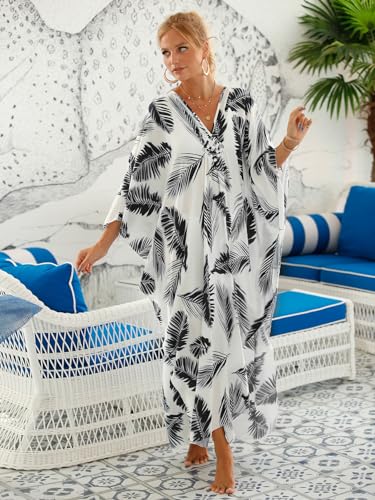 Image of IMAGEKOPE Women's Plus Size Animal Print V-Neck Batwing Kaftan Beach Dress Bathing Suit Cover-Up Loungewear