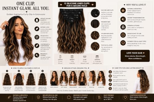 Image of Salon-Grade Clip-in Hair Extensions for Women, Imported Synthetic Hair, 6 PCS with 13 Secure Clips, Instant Volume, Natural Blend, Reusable Hair Volumizer (Brown with Golden Highlights, Curly /Wavy)