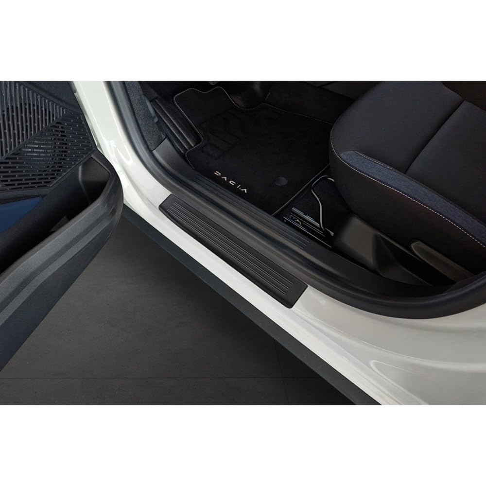 Czarne ochraniacze progów drzwi Inox kompatybilne z Dacia Duster III 2024- - "Lines" - 4-częściowe