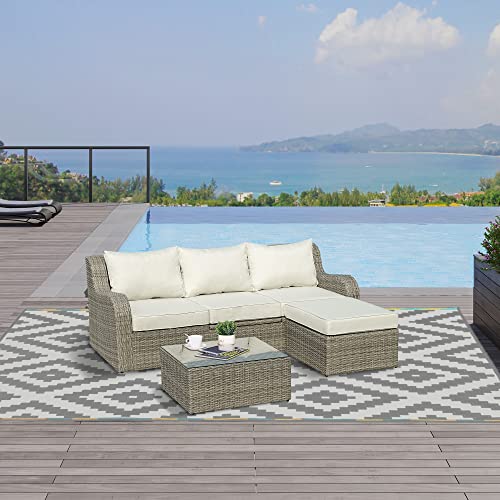 Outsunny 3-TLG. Polyrattan Gartenmöbel Set Gartengarnitur Garten-Set Sitzgruppe Loungeset Loungemöbel mit Beistelltisch Kissen Aluminium Hellgrau+Beige – Bild 3