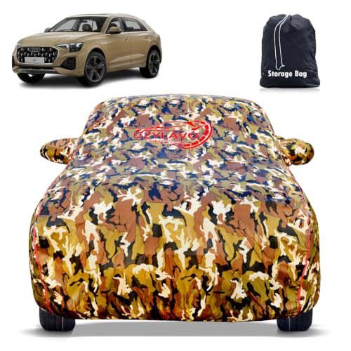 Image of Premium Car Cover for Audi Q8 Model | Waterproof, UV & Dust Protection | Mirror & Antenna Pocket | Triple Stitched, Soft Inner Lining, Belt & Buckle (Jungle Print)